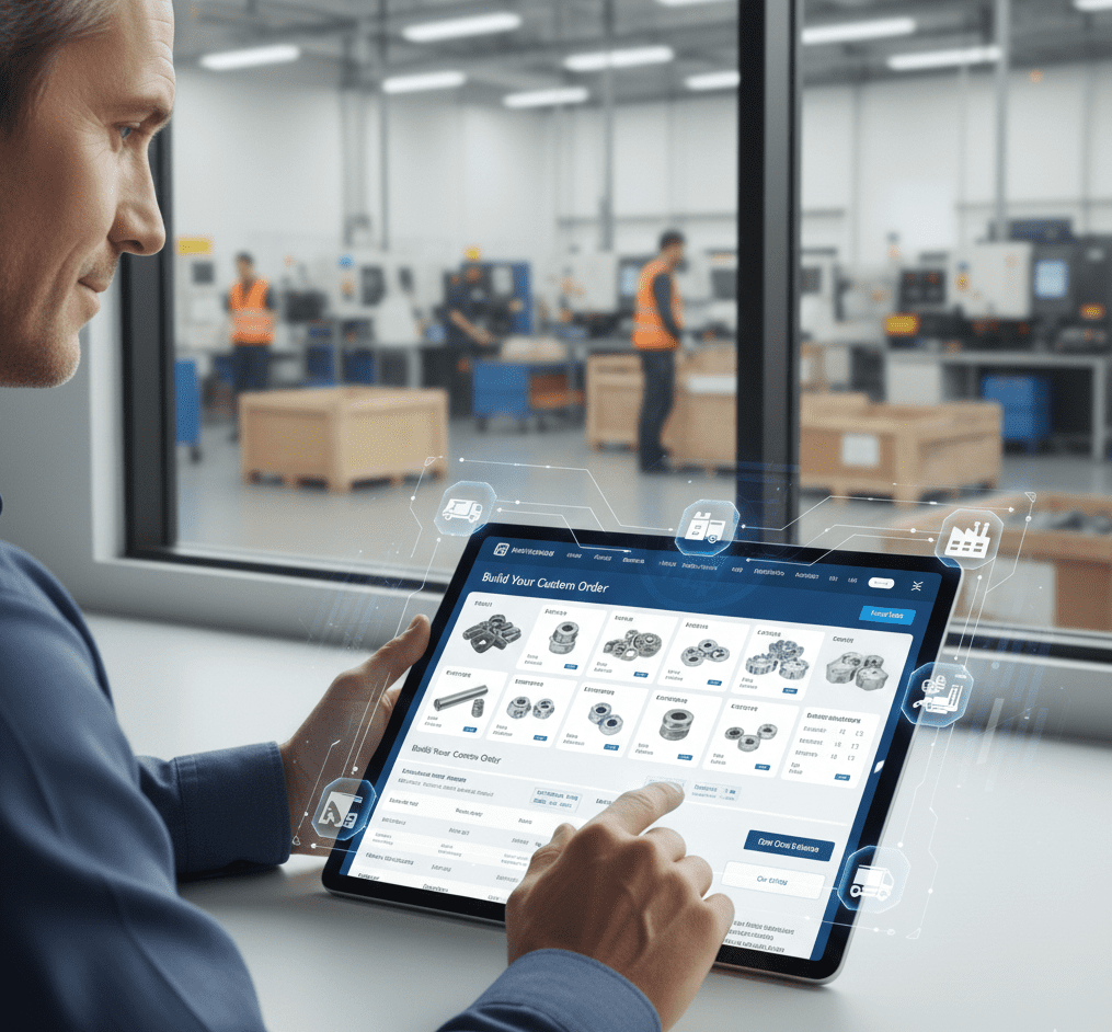 Primer plano de una mano tocando una pantalla de tableta o portátil, realizando un pedido en una tienda online de eCommerce B2B de suministros industriales, con un fondo ligeramente desenfocado de maquinaria o piezas.